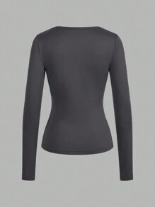 SHEIN EZwear Set de 4 Camisetas básicas de manga larga con cuello en V profundo y ajuste ceñido, apropiadas para primavera y verano - Multicolor - Ver 8