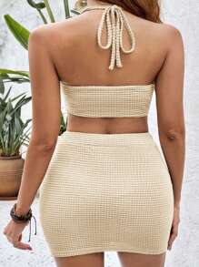 SHEIN VCAY Plus Size Boho Solid Color Halter Backless Tassel Hem Blouse And Mini Skirt 2 Pieces Set, For Summer,Holiday Outfits Boho - Apricot - View 2