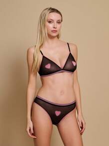 TryMe Women Heart Design Detail Simple Mesh Spaghetti Strap Bra, Casual Everyday Wear Lingerie - Black - View 5