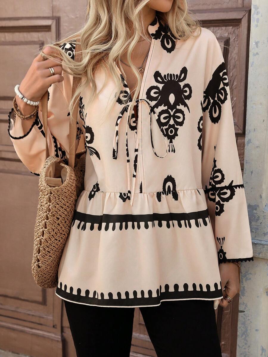 Gaivellea All-Over Print V-Neck With Ruffle Trim Long Sleeve Blouse - Apricot - View 1