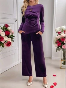 EMERY ROSE Valentines Clothes 2pcs Women Elegant Solid Color Ruched Asymmetrical Hem Long Sleeve Top And Pants Set,