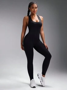 Powerista Women's Solid Color Patchwork Hollow Out Minimalist Fitted Casual Sports Jumpsuit