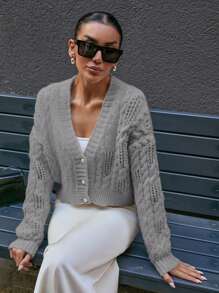 EURMUSE Women Solid Color Cable Knit Pattern Front Button Drop Shoulder Black Cardigan - Black - View 5