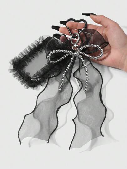Kawaii 1pc Y2K Gothic Style Handmade Beaded Silver CCB Black Mesh Hollow Bowknot Badge Card Holder Keychain Bag Pendant, Suitable For Office Workers, Students, Daily Wear, Holiday Gift, Halloween