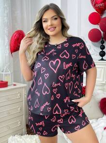 针织爱心印花圆领短袖短裤套装，情人节 - 黑色 - 查看 1