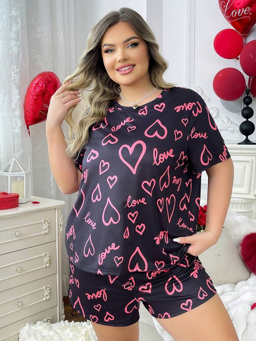 针织爱心印花圆领短袖短裤套装，情人节 - 黑色 - 查看 1