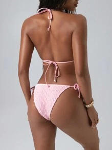 SHEIN Swim 女款網紗碎花裝飾純色可愛掛脖露背比基尼套裝，夏季 - 粉色 - 查看 2