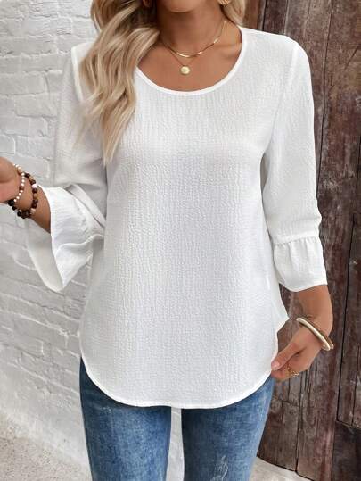 EMERY ROSE بلوزة أنيقة للنساء بلون أحادي الرقبة الدائرية مع تنورة مطرزة حاشية مناسبة للاستخدام اليومي