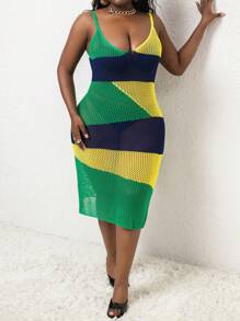 SHEIN Slayr CURVE Plus Size Multicolor Carnival Elements Contrast Color Sleeveless Long Knit Cover Up Dress, For Summer Beach Vacation - Multicolor - View 6