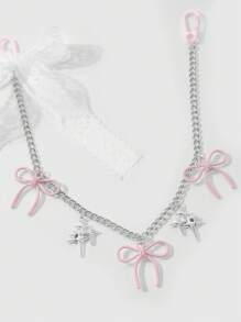 ROMWE Kawaii 1 chiếc Y2K Chic Thời trang Dễ thương Đa năng Chất lượng cao Dây chuyền bạc với ren trắng, Móc khóa mặt dây chuyền hình ngôi sao nơ Acrylic màu hồng, Thích hợp cho phụ nữ, bé gái, trang phục hàng ngày và quà tặng ngày lễ - Hồng - Xem 3