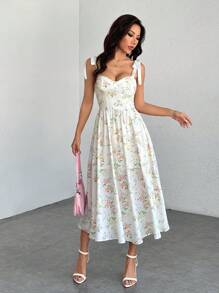 SHEIN PETITE 浪漫花卉印花肩带系腰女式夏季长裙、夏季女式连衣裙、布里奇顿风格连衣裙、花卉连衣裙 - 白色 - 查看 6