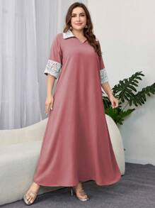 Al Najma Plus Size Plain Color Block Collared Casual Abaya Dress - Dusty Pink - View 5
