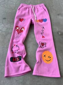 Manfinity EMRG Men's Street Fashion Casual Pants, Flared Bottom Graphic Print Sweatpants,Street Boys And  Fashionable Pair Of Elastic Tight-Waisted Mini Pants, Heart-Shaped Cartoon Pattern Print Design For Autumn And Winter Clothing,Perfect For Valentine's Day Couple Matching And Suitable For New Year Anniversaries.
