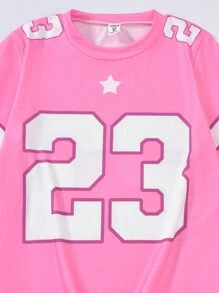 Tween Girl Numeral Print Short Sleeve Top & Pants 2 Pieces Set - Pink - View 3