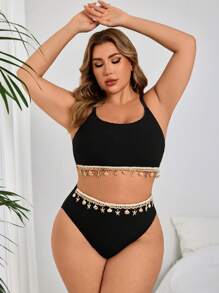 Swim Lushoire Plus Size Women 2pcs Shell Chain Bikini Set, Beach Resort Style, For Summer Vacation - Black - View 5