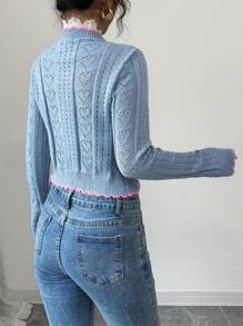 Islaluna Contrast Color Lace Splicing Knit Cardigan Sweater Jacket, With Heart Graphic For Valentine's Day Gift - Dusty Blue - View 2