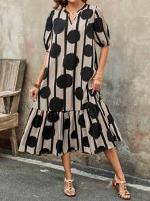 EMERY ROSE Women's V-Neck Short Sleeve All-Over Print Casual Long Dress