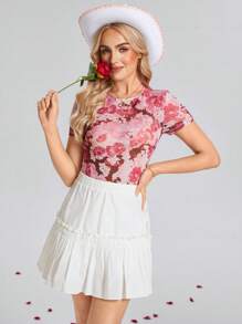 SHEIN LUNE Dames roze bloemenprint mesh nauwsluitend T-shirt met korte mouwen, Valentijnsdag, zomer