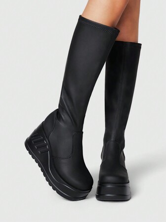 Grunge Punk Botas de tobillo con plataforma y tacón grueso de punta redonda elástica para mujer, botas de caña media de PU negro de estilo punk oscuro para uso casual, rock oscuro y campus