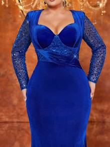 Glamrae Plus Size Elegant Blue Exaggerated Shoulder Pad Pearl Embellishment Long Sleeve High Waist Pleated Fishtail Hem Formal Evening Dress, Ball Gown Suitable For Wedding Guests, Graduation Ceremony, Dinner Party