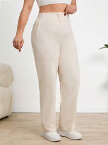 SHEIN Cottnline Women's Plus Linen Cotton Pleated Pants - Beige - View 3