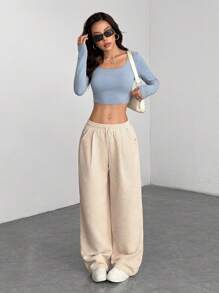 SHEIN PETITE Women's Autumn And Winter Street Fashion Casual Retro Corduroy Textured Pants - Apricot - View 5