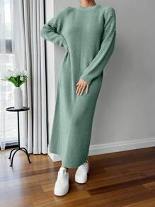 SHEIN Cottnline Round Neck Raglan Sleeve Maxi Sweater Dress With Beading - Mint Green - View 5