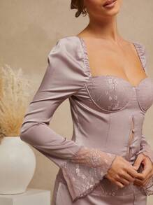 L'Amorae Women's Elegant Dusty Mauve Satin And Lace Long Sleeve Hollow Out Slim Fit Bustier Top,Autumn Night Out Corset Top With Front Buttons For Parties - Mauve Purple - View 2