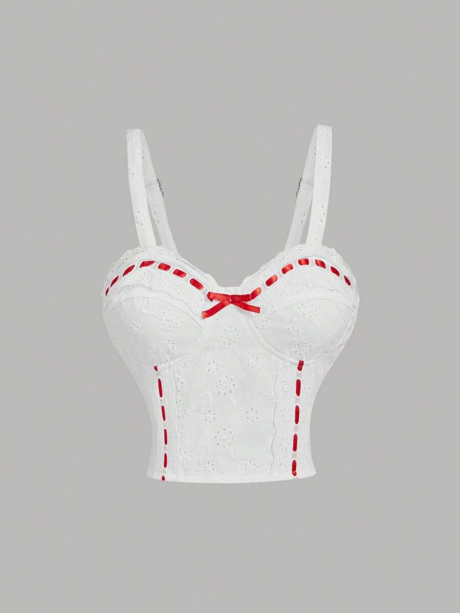 SHEIN MOD White Cute Tank Top With Lace Front Bow Decoration, Vacation Tank Top, Retro Pastoral Style Tank Top, Spring Tank Top, Valentine's Day Tank Top - White - View 1