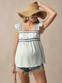 SHEIN Maternity Ruffle Trim Square Collar Simple Casual Blouse - Green - View 3