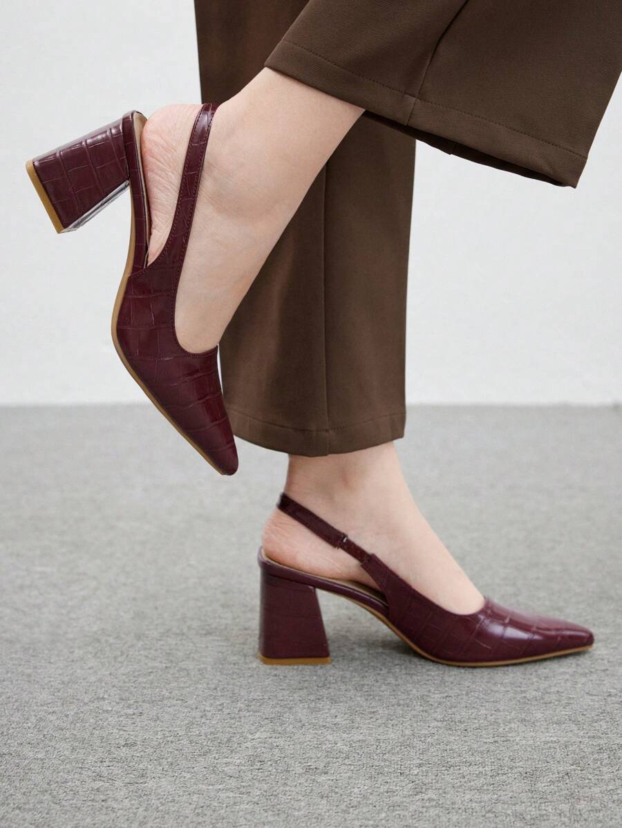 CUCCOO BIZCHIC Burgundy Stone Texture Back Strap Chunky Heel Pointed Toe Pumps, Fashion Dress Pumps For Work, Date, Party, Vacation Spring Shoes Spring Break Easter For Christmas - Burgundy - View 1