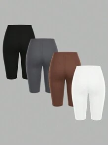 SHEIN EZwear 4 件套休闲针织紧身女式短款瑜伽运动紧身裤，适合春夏季 - 彩色 - 查看 2