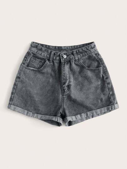 SHEIN EZwear Women's Casual Rolled Hem Slant Pocket Denim Shorts