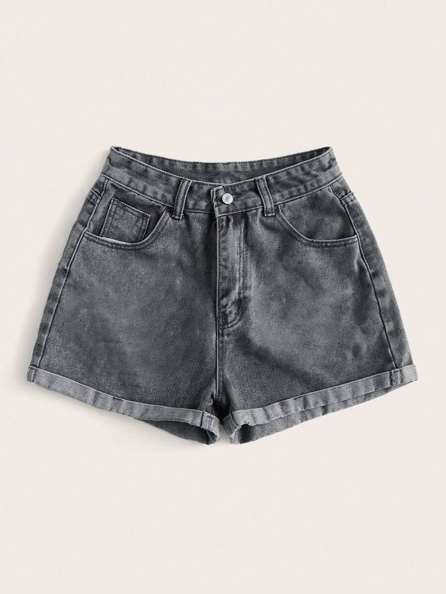 SHEIN EZwear 女士休闲卷边斜口袋牛仔短裤 - 淺灰色 - 查看 1