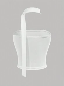 Girlism Teen Girls Solid Color Knit Casual Basic Neck-Tie Tube Top - White - View 3