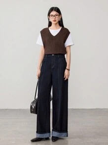 Dazy-Less Contrast Color Patchwork Wide Leg Jeans For Women Old Money Business Casual Woman - Black - View 2