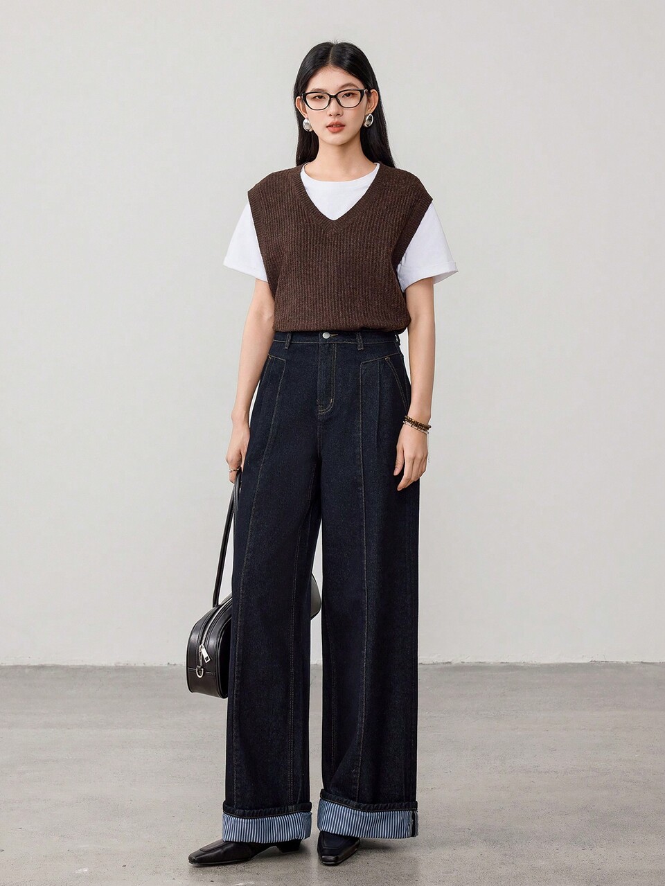 Contrast Color Patchwork Wide Leg Jeans For Women Old Money Business Casual Woman