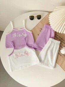 4 件套女婴幼儿 0-3 岁休闲百搭双色撞色白紫色针织吊带背心和短裤套装 - 紫色 - 查看 3