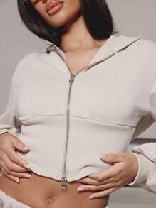 SUMWON WOMEN 修身拉链短款卫衣 Y2K 风格运动休闲健身运动时尚连帽休闲街头服饰运动休闲都市秋冬运动服 - 杏色 - 查看 6