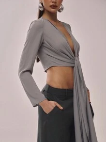 MUSERA Áo dài tay bằng chiffon cổ chữ V xẻ sâu, rủ mềm mại, thích hợp cho kỳ nghỉ lãng mạn mùa xuân hè, thu và các dịp lễ. - Màu xám đen - Xem 5