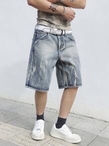 Manfinity Roghcode Quần short denim rách giặt thường ngày cho nam - Màu xanh lam - Xem 3