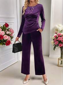 EMERY ROSE Valentines Clothes 2pcs Women Elegant Solid Color Ruched Asymmetrical Hem Long Sleeve Top And Pants Set,