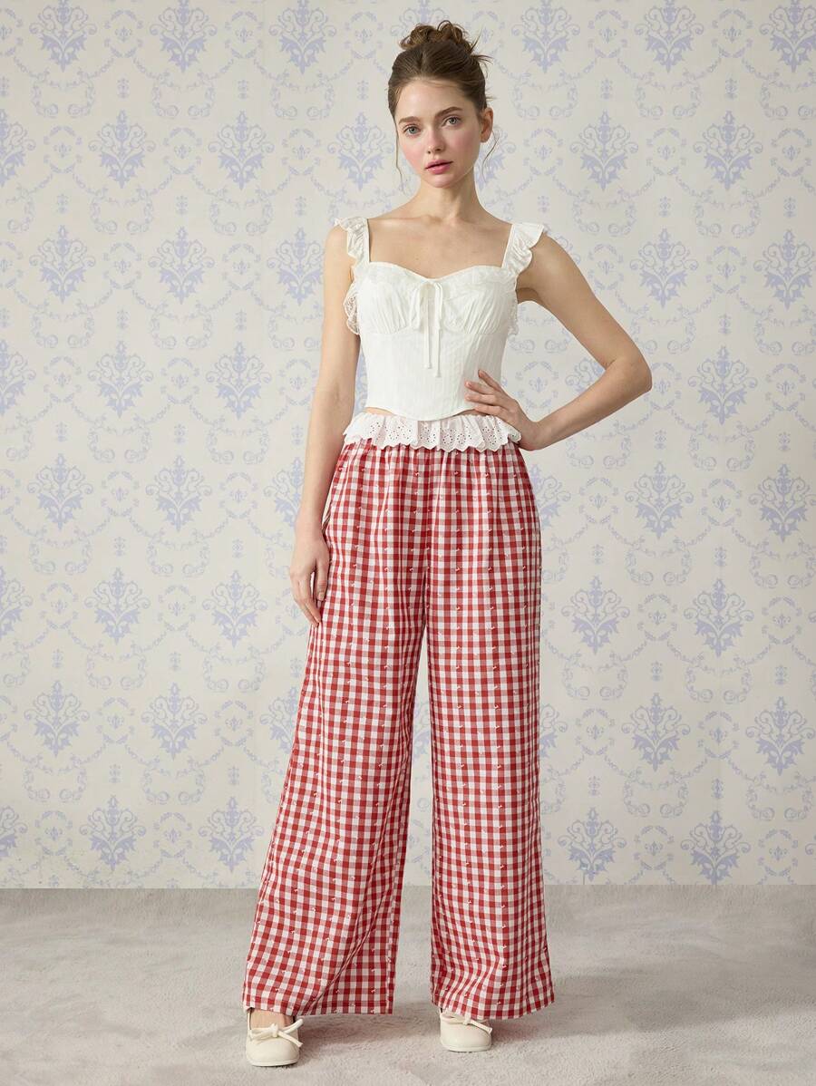 SHEIN MOD 前腰带蕾丝拼接红格子可爱运动长裤，田园风长裤，度假休闲长裤，外出长裤，春季长裤，情人节服装 - 紅色 - 查看 1