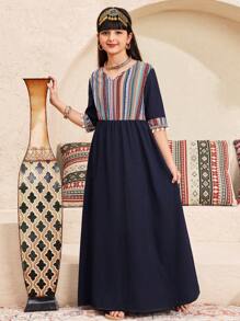 SHEIN Tween 女童休闲复古印花拼布 V 领 3/4 袖连衣裙 - 藍色 - 查看 4