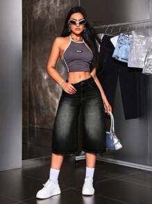 SHEIN ICON 女士休闲水洗宽松 3/4 长牛仔裤 - 黑色 - 查看 4