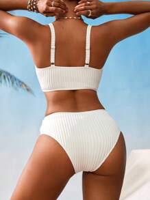 Swim Vcay Women V-Neck Textured Striped Bikini Set Summer