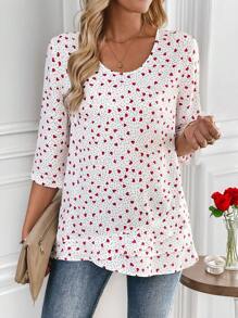 EMERY ROSE 情人节女士心形与波尔卡圆点印花印度尼西亚圆领七分袖休闲衬衫 - 白色 - 查看 3