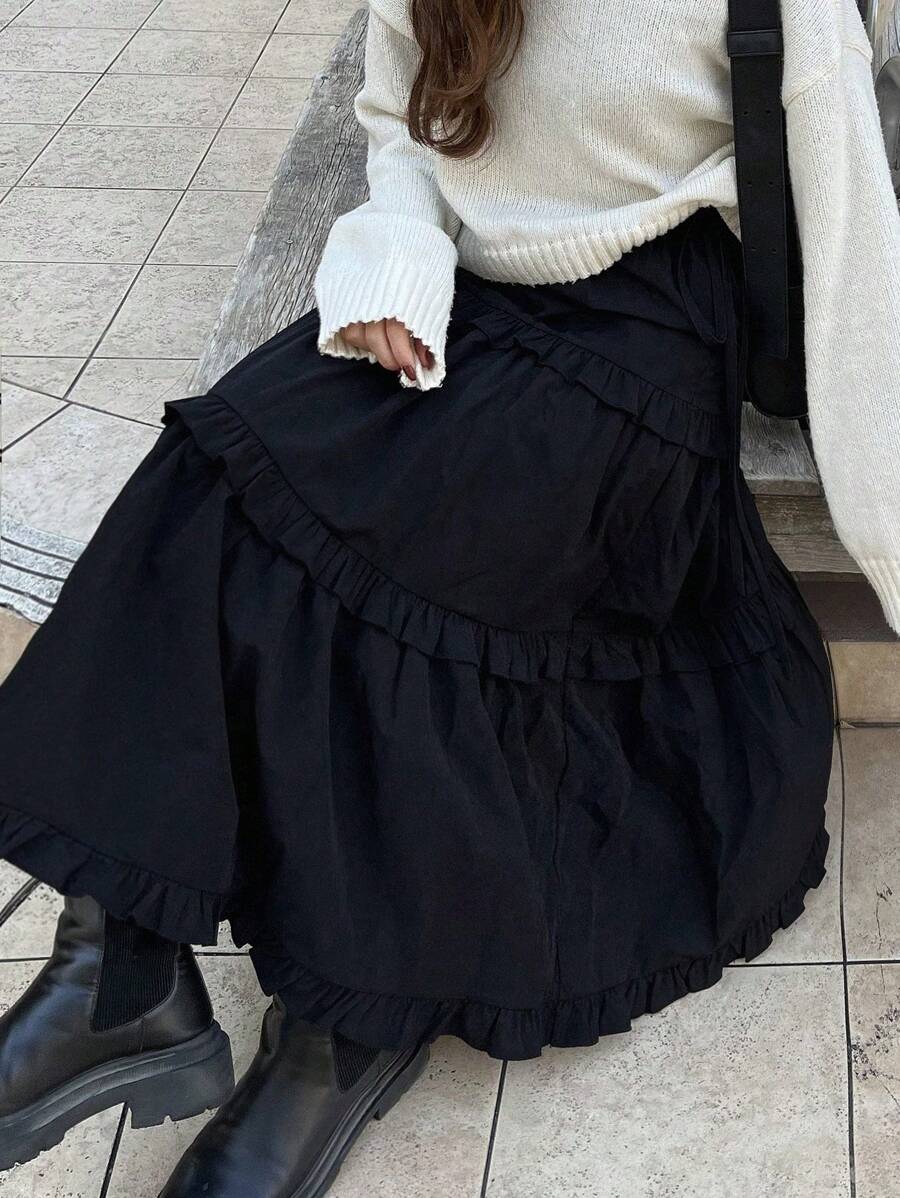 FRIFUL 女士黑色层叠荷叶边蛋糕裙，可爱甜美风格，适合约会、夏季外出 - 黑色 - 查看 1