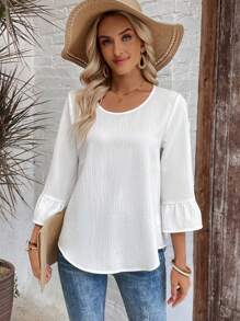 EMERY ROSE Women Solid Color Round Neck Ruffle Hem Casual Versatile Blouse - White - View 5