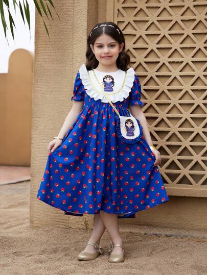 SHEIN Young Girl Navy Blue Tunic Abaya Kaftan Jalabiya Ramadan Ramadan Cartoon Star Moon Lantern Native Folk Conservative Dress, With Embroidery Floral Ruffled Dress And Decorative Trim, Suitable For Formal Occasions And Outings, Comfortable Dress